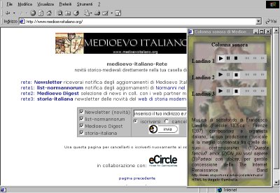 medioevo-italiano-rete, le nostre newsletter. Notare il jukebox attivo sulla dx.